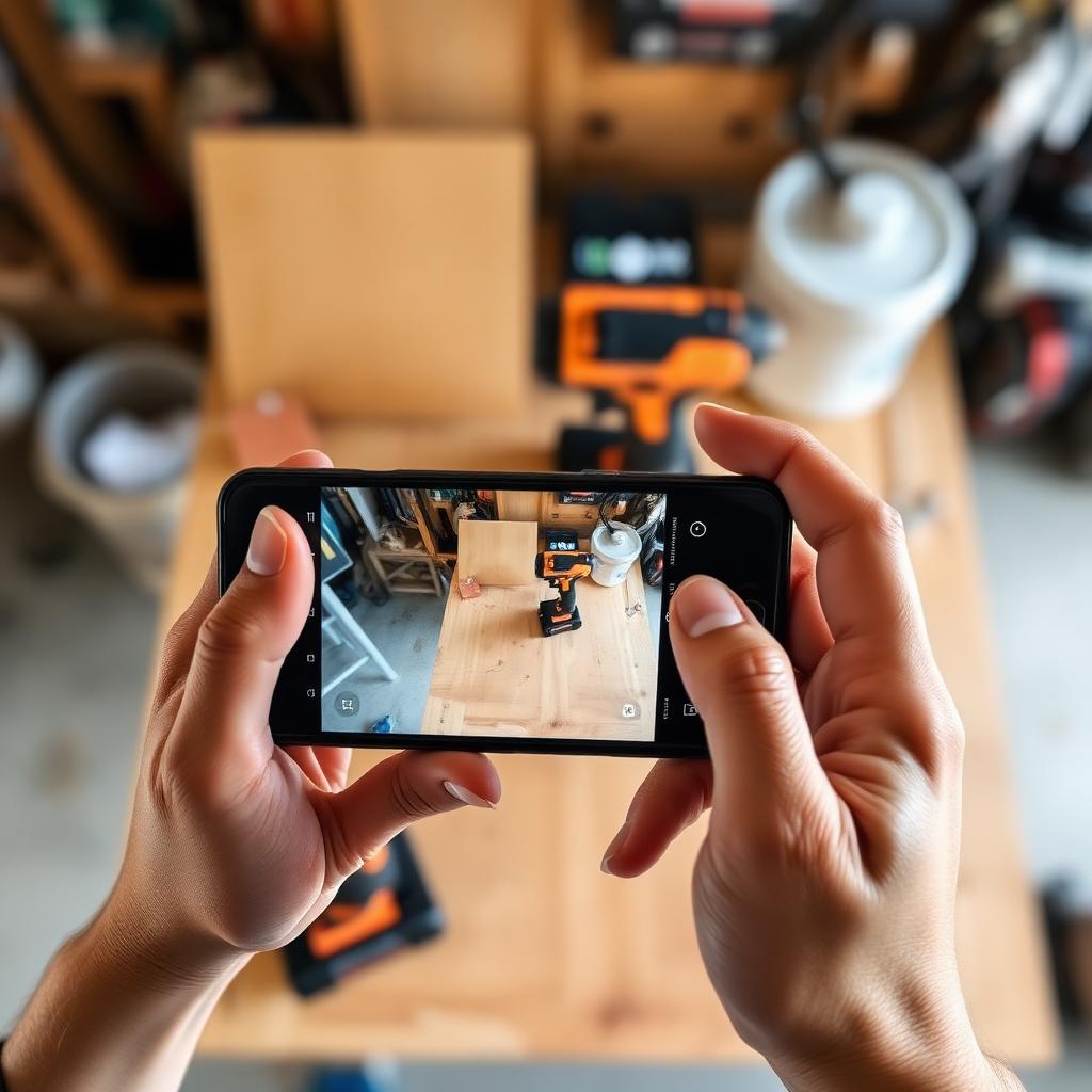 Person photographing a power drill with a smartphone to list it on Borrow It